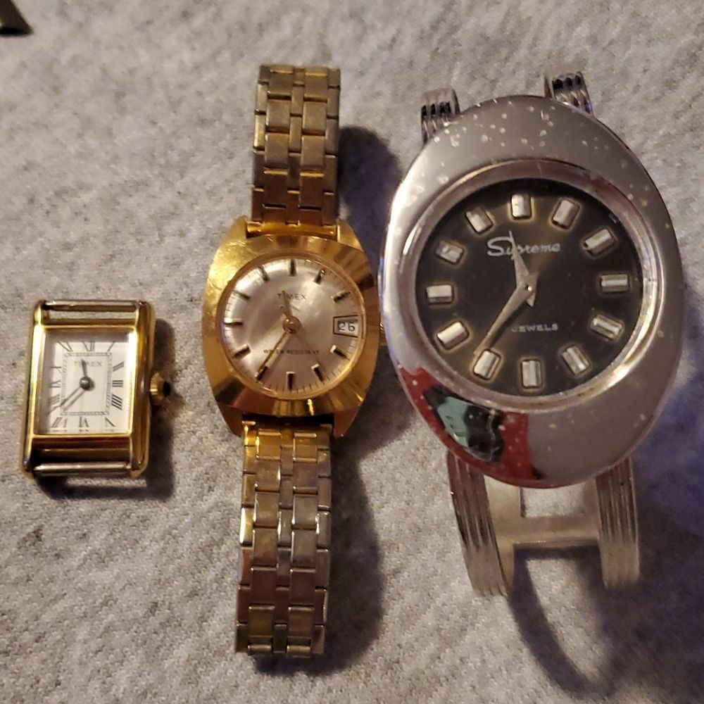 Lot of 3 Antique Wind Up Watches Timex Date & Supreme Bangle Watch Silver Gold‎